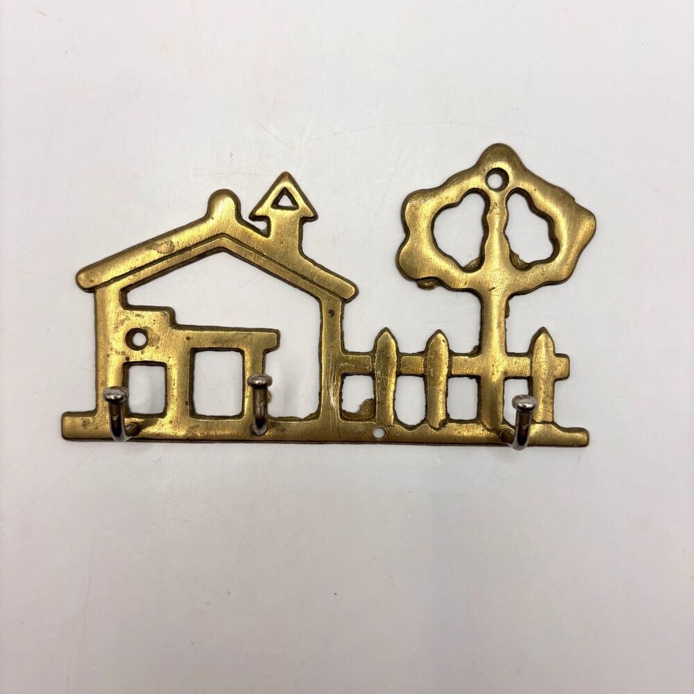 Vintage Solid Brass House & Tree Key Holder Cottagecore Entryway Wall Hooks MCM